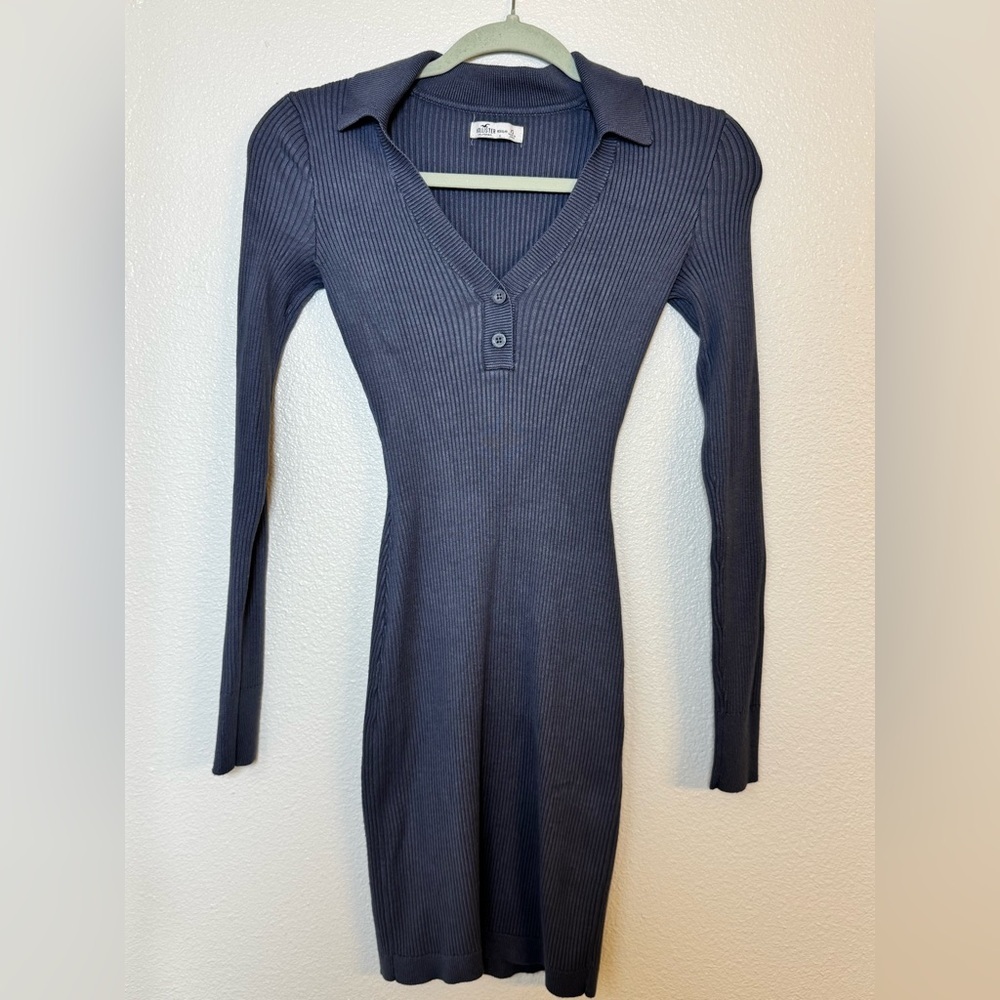 Hollister Ribbed Long-Sleeve V-Neck Polo Dress Blue